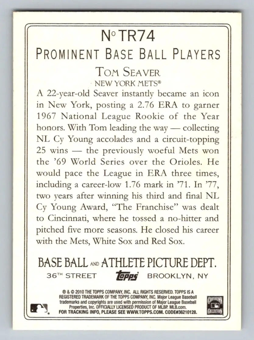 Back view of the 2010 Topps TR74 Tom Seaver Turkey Red baseball card