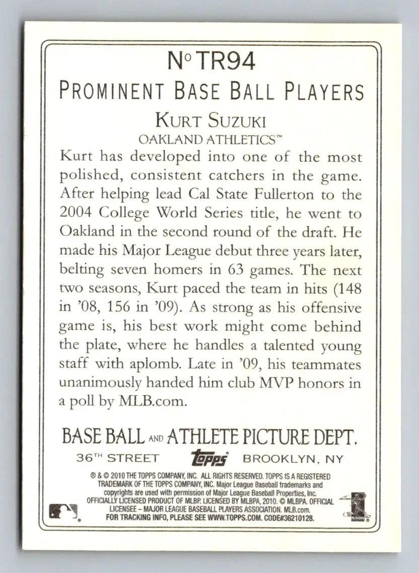 Kurt Suzuki Turkey Red baseball card from 2010 Topps TR94 Oakland Athletics