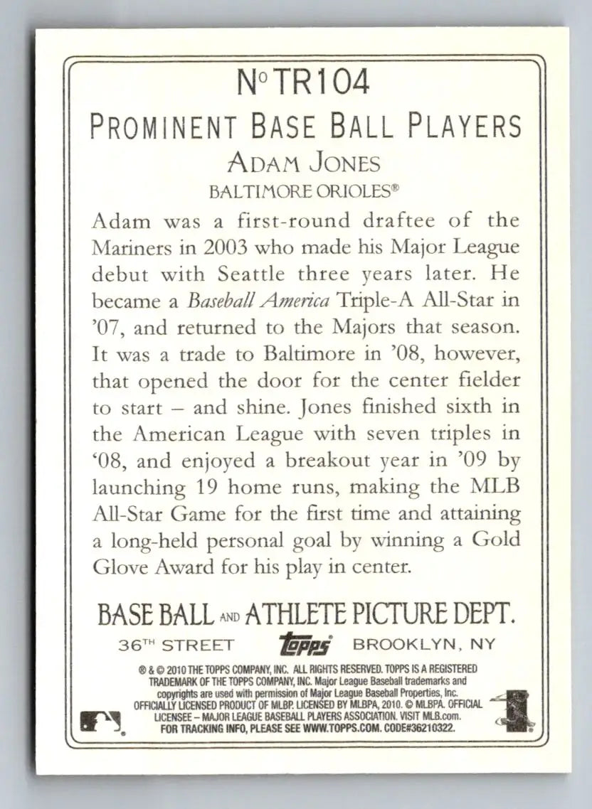 Back of 2010 Topps Update TR104 Adam Jones Turkey Red Baseball Card featuring Baltimore Orioles