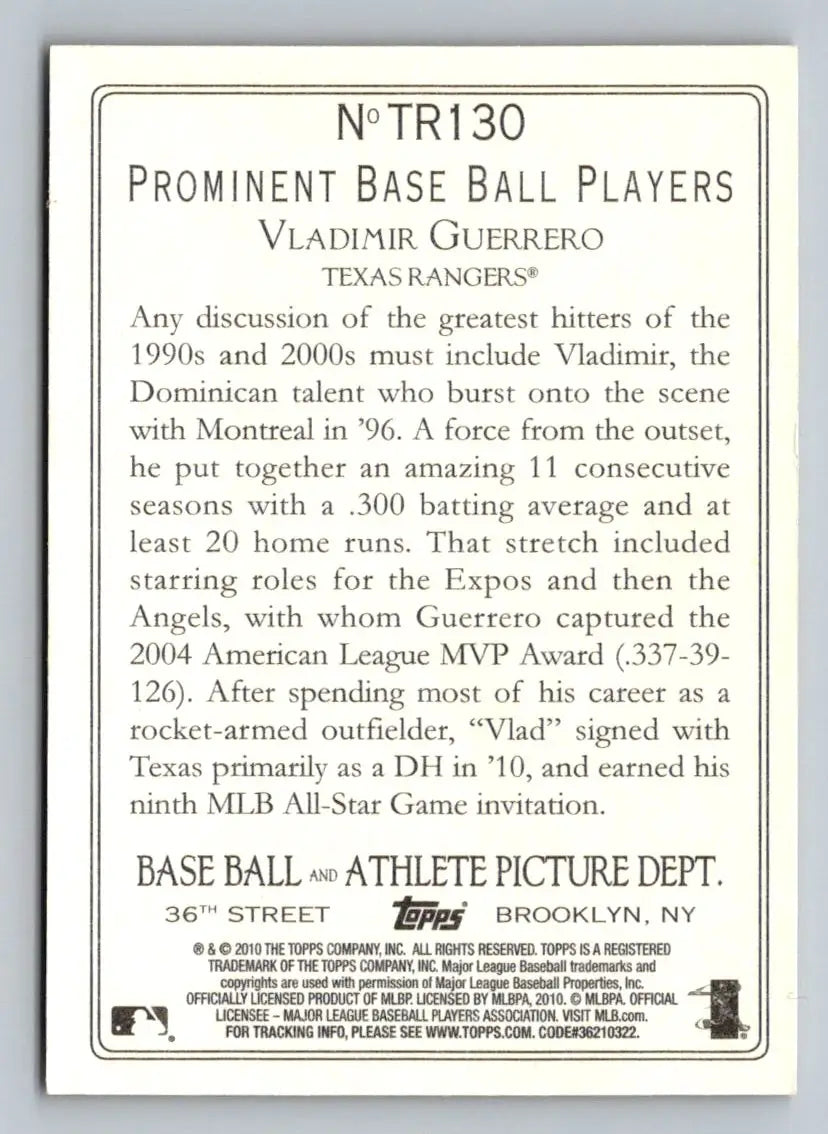 Vladimir Guerrero 2010 Topps Update TR130 Turkey Red Texas Rangers baseball card