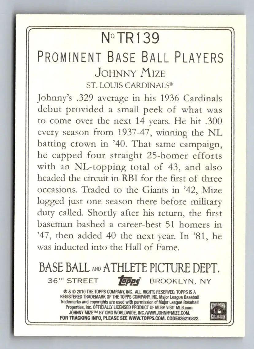 Johnny Mize baseball card from 2010 Topps Update TR139 Turkey Red St. Louis Cardinals