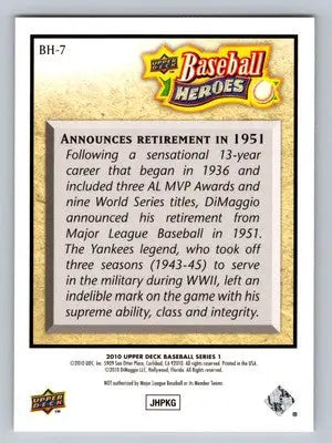 Detailed view of the back of 2010 Upper Deck Joe DiMaggio Baseball Heroes card
