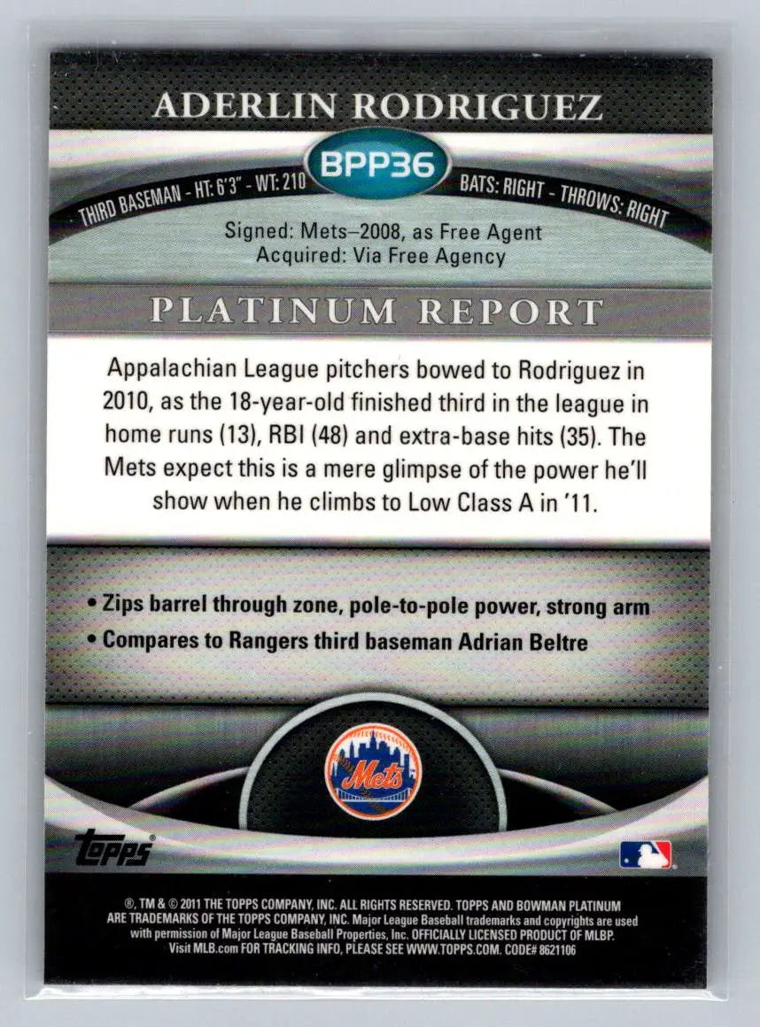 Aderlin Rodriguez baseball card from 2011 Bowman Platinum BPP36 New York Mets Prospects