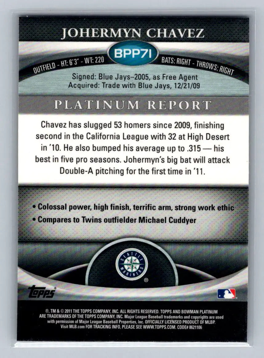 Johermyn Chavez baseball card featuring 2011 Bowman Platinum Purple Refractors BPP71