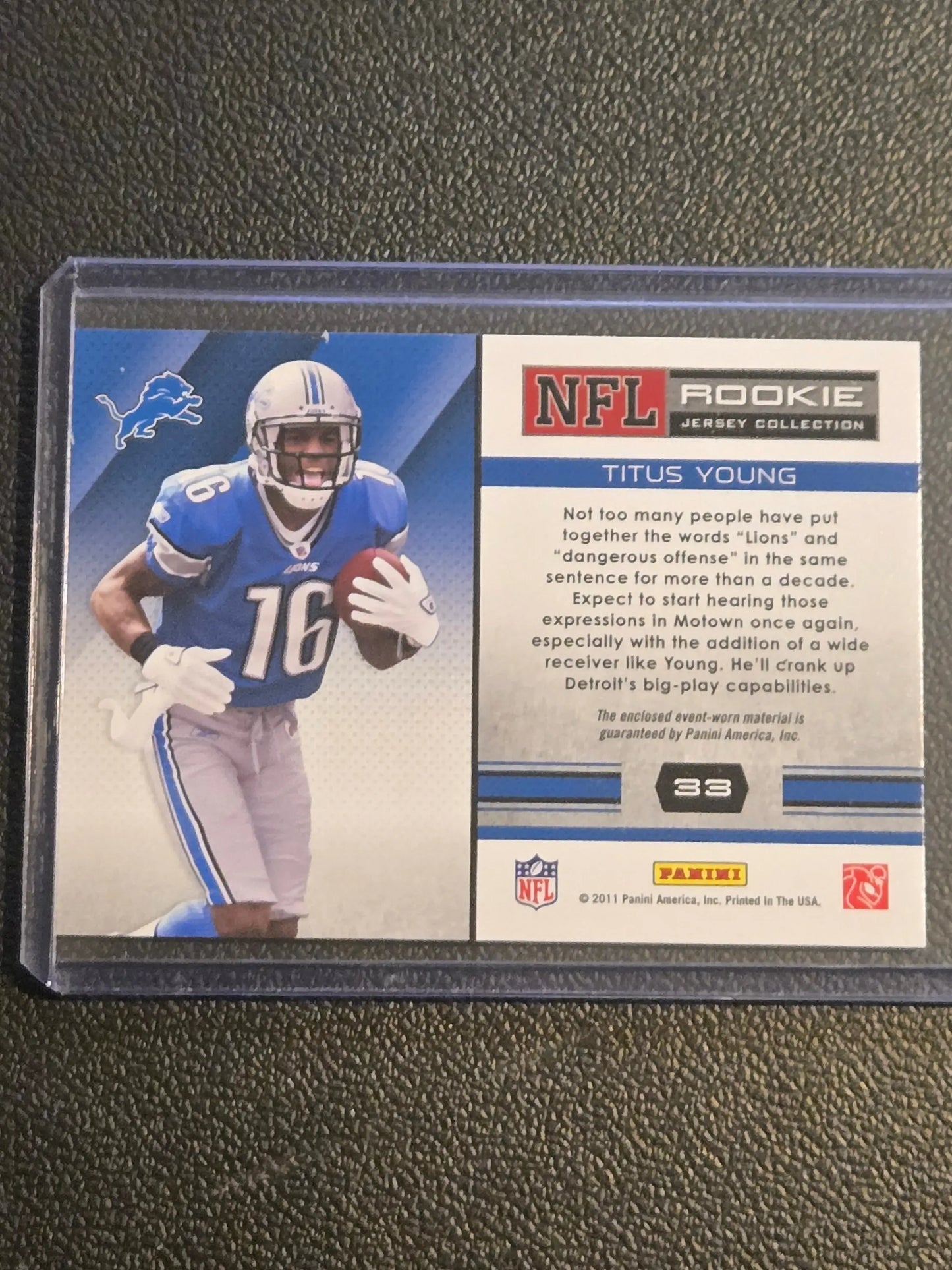 Football trading card of Titus Young from Panini Absolute Memorabilia Titus Young Rookie Jersey Collection