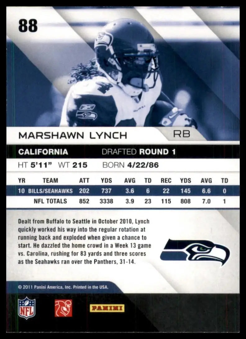 2011 Panini Absolute Memorabilia Marshawn Lynch #88 Seattle Seahawks Football - Football Card