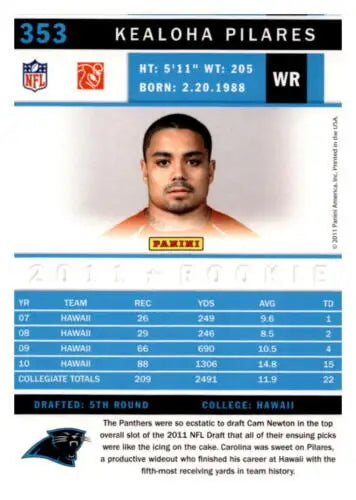 Kealoha Pilares football card featuring original gloss from 2011 Panini Score Rookie edition
