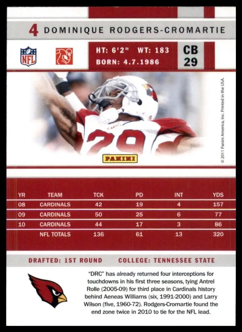 2011 Score Dominique Rodgers Cromartie #4 Arizona Cardinals Football Card NFL - Football Card