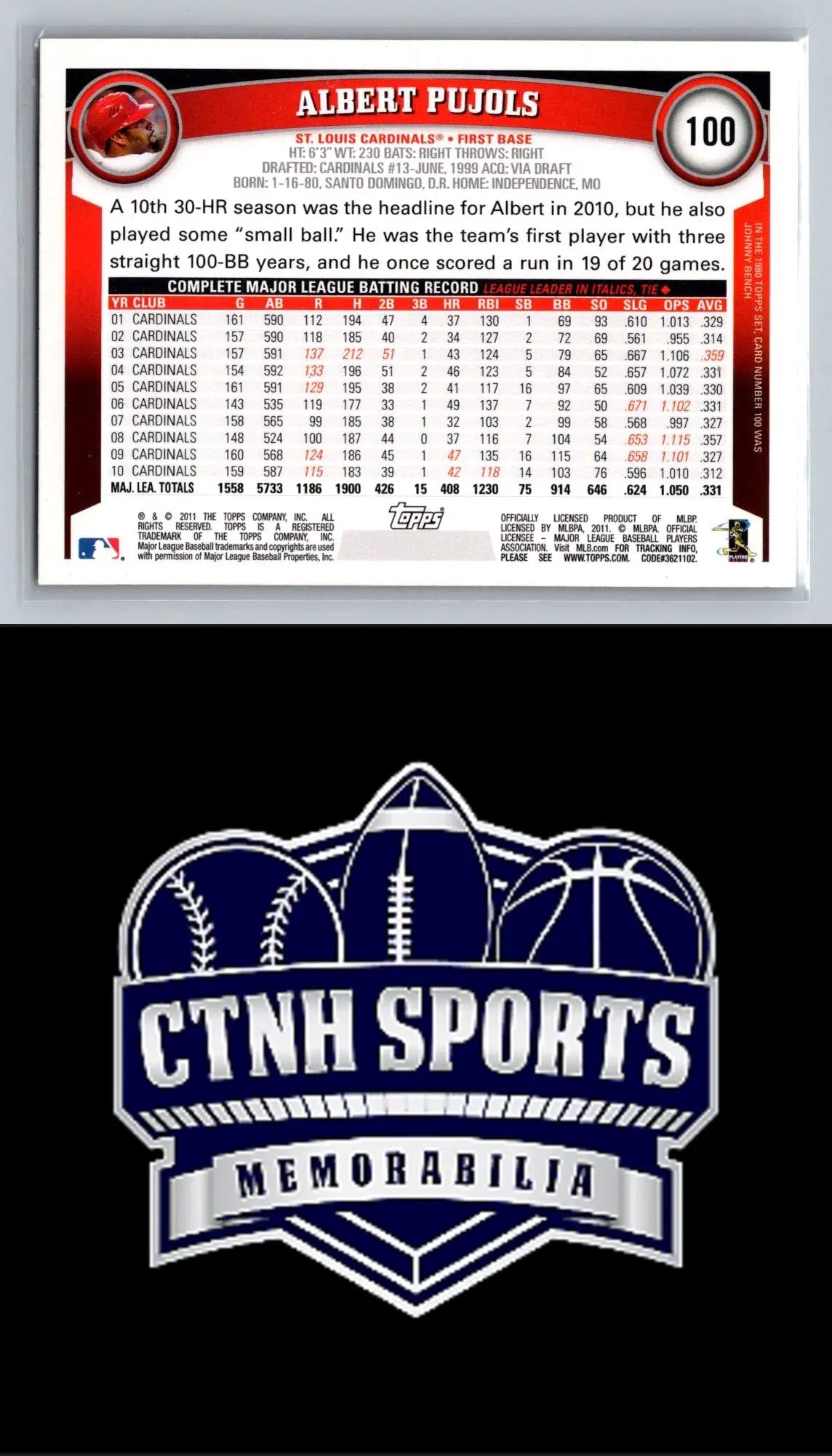 Back of 2011 Topps #100 Albert Pujols Cognac Diamond Anniversary baseball card