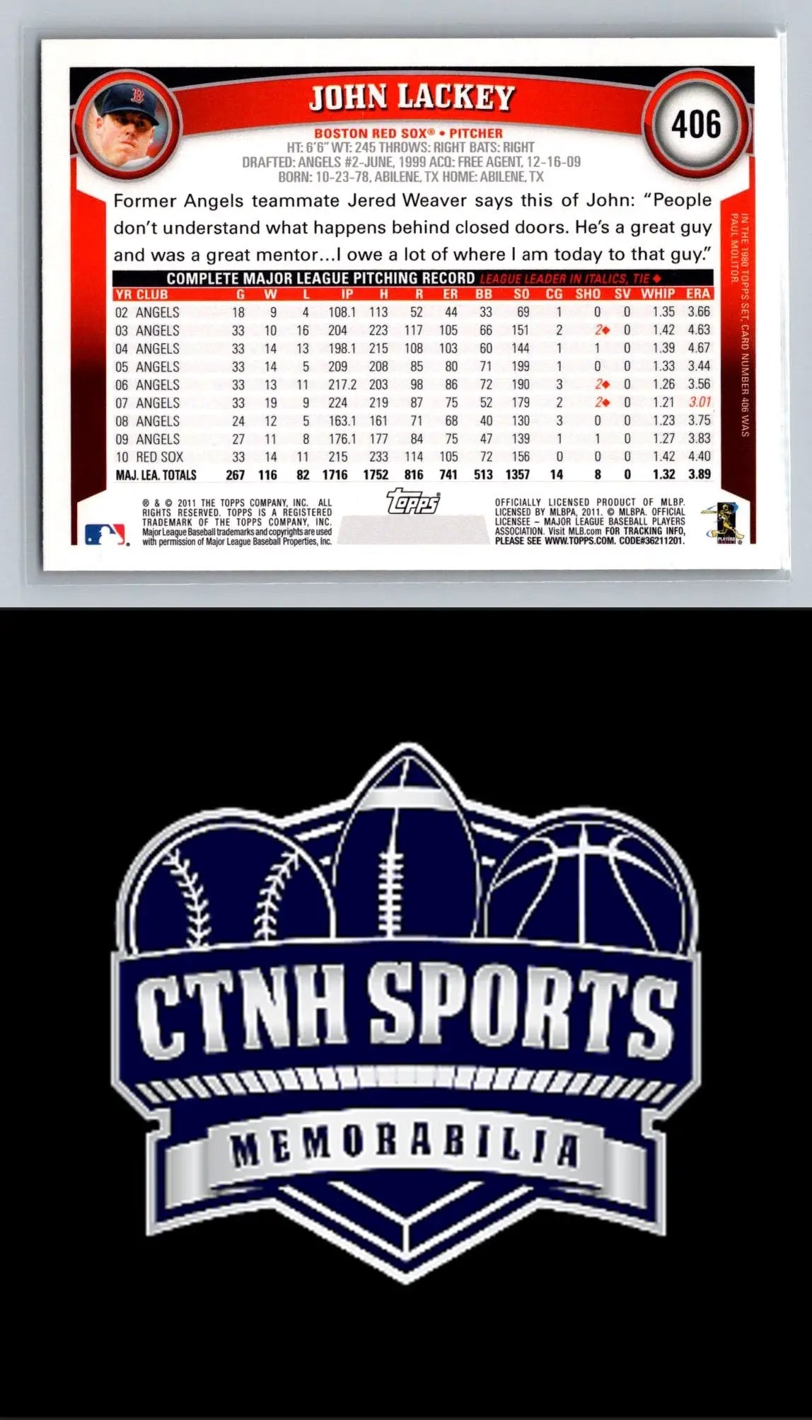 Back of 2011 Topps #406 John Lackey Cognac Diamond Anniversary Baseball Card