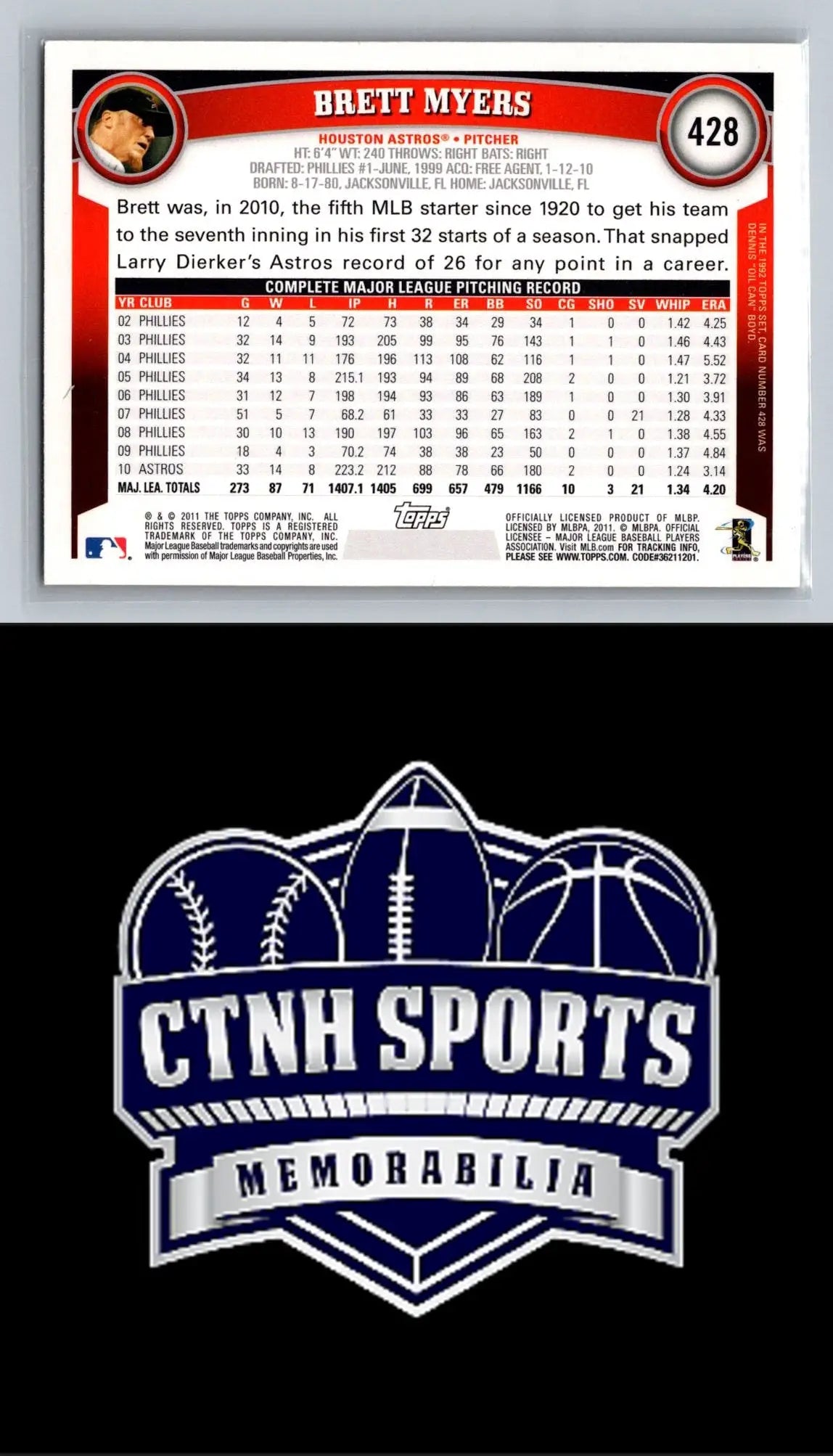 Back of 2011 Topps #428 Brett Myers Cognac Diamond Anniversary baseball card