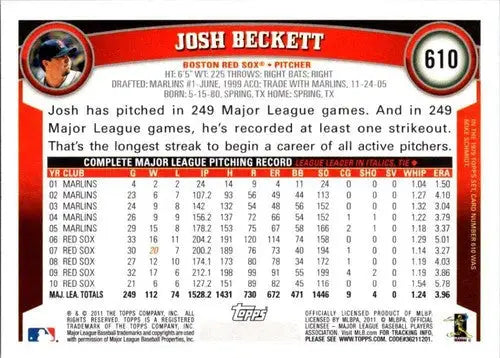 Original gloss Josh Beckett NM-MT baseball card from 2011 Topps #610 Red Sox