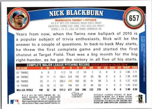 Baseball card back showing original gloss for 2011 Topps Nick Blackburn NM-MT Twins ID 20300