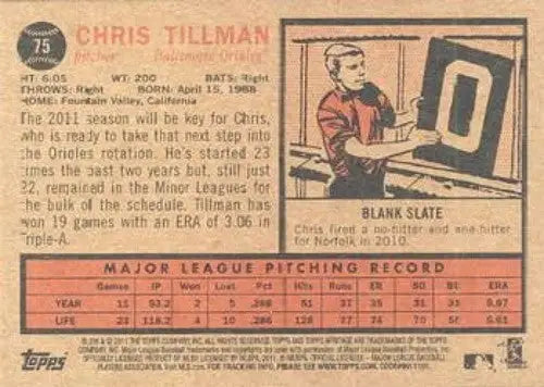 Baseball card back of Chris Tillman NMMT from 2011 Topps Heritage Orioles