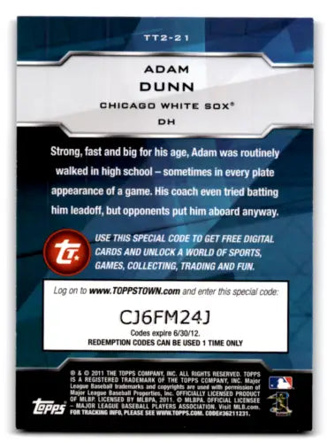 Adam Dunn baseball card back, 2011 Topps Topps Town original gloss, White Sox