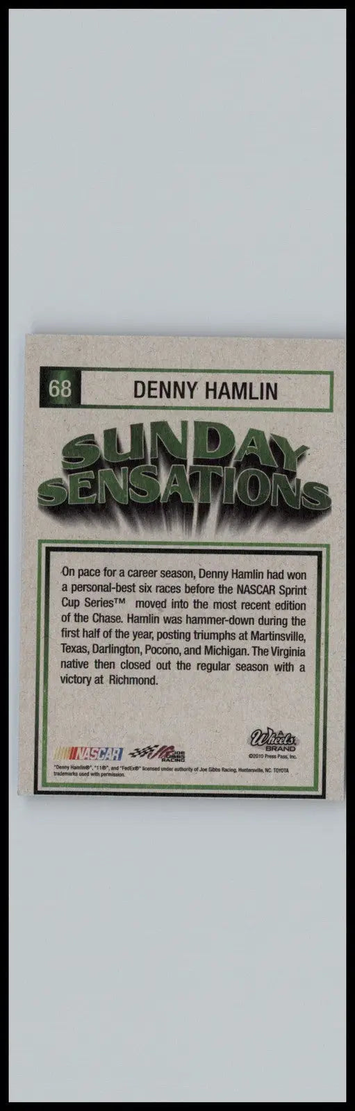 Denny Hamlin trading card from 2011 Wheels Element featuring Joe Gibbs Racing team