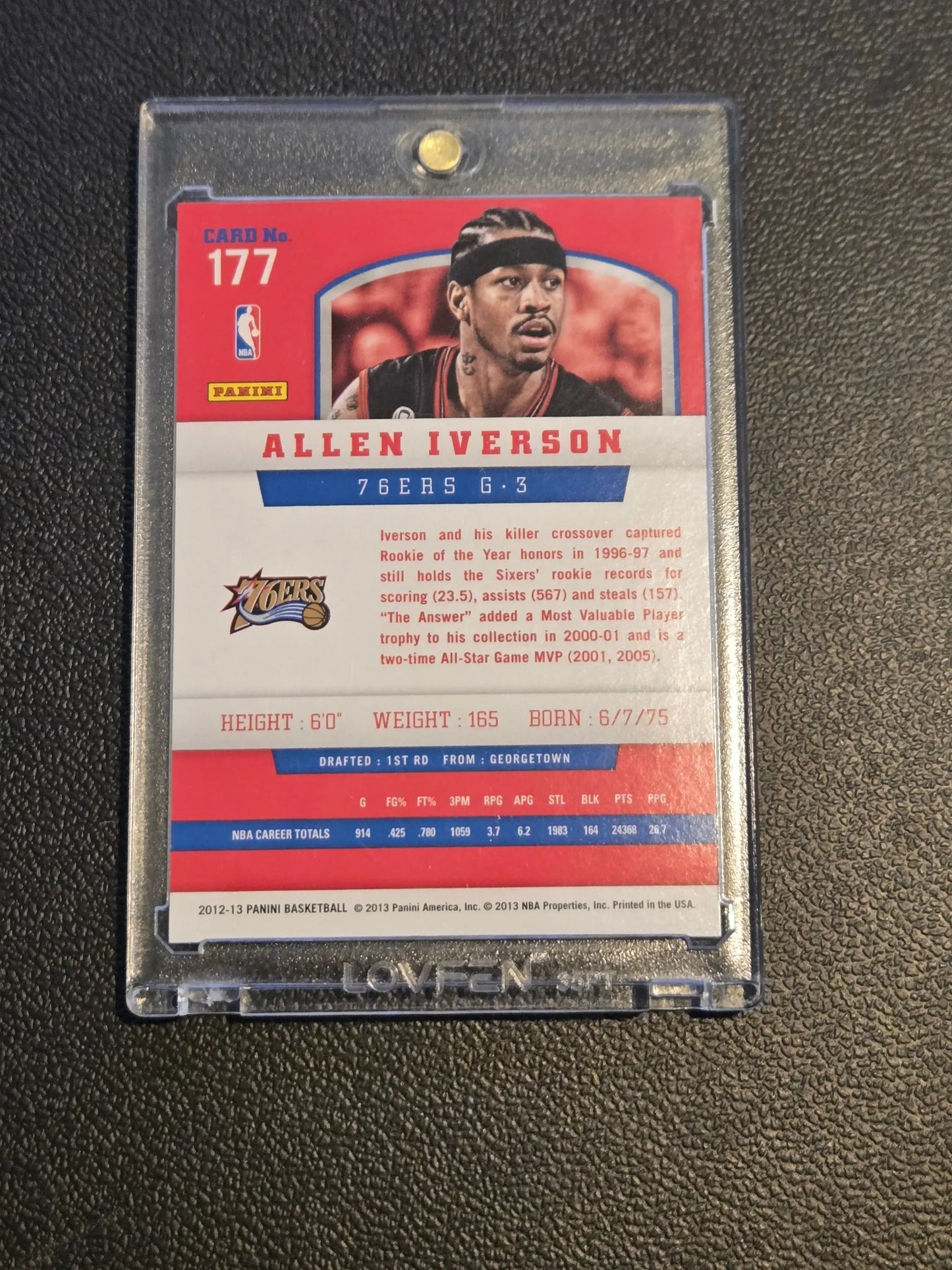 Allen Iverson basketball trading card in protective case from 2012-13 Panini #177