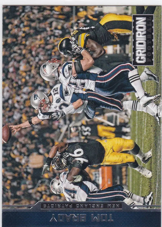 Gridiron football trading card featuring Tom Brady and New England Patriots players in action
