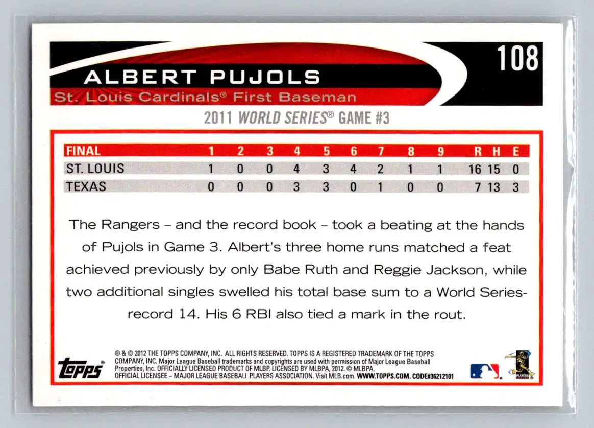 2012 Topps #108 Albert Pujols Trading Card from St. Louis Cardinals Collection