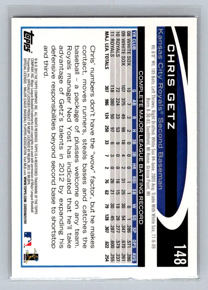 Baseball card back of 2012 Topps 148a Chris Getz from Kansas City Royals