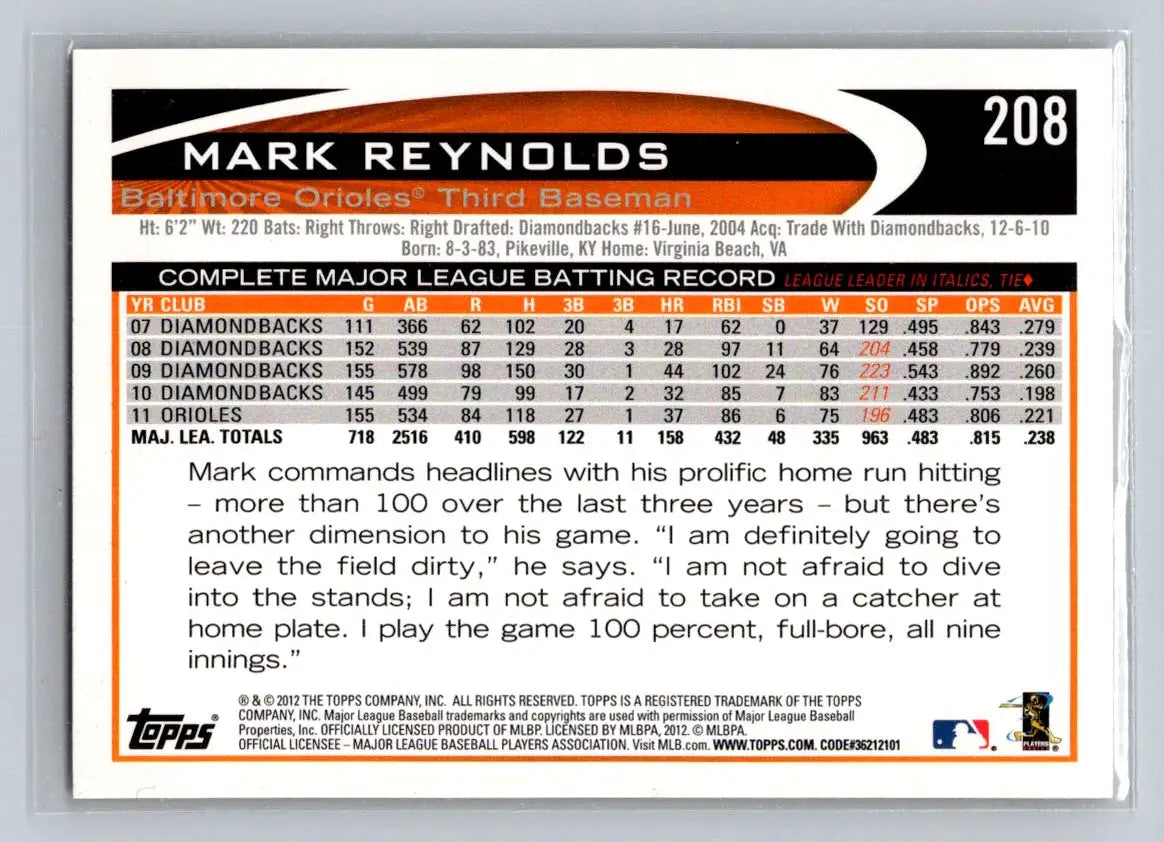 Mark Reynolds 2012 Topps #208a baseball card featuring Baltimore Orioles player
