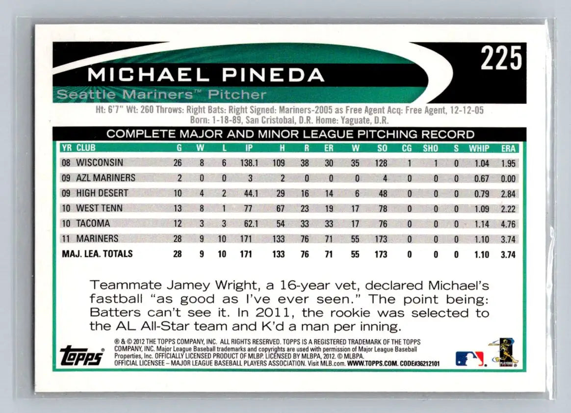 Michael Pineda 2012 Topps #225b baseball card featuring the Seattle Mariners