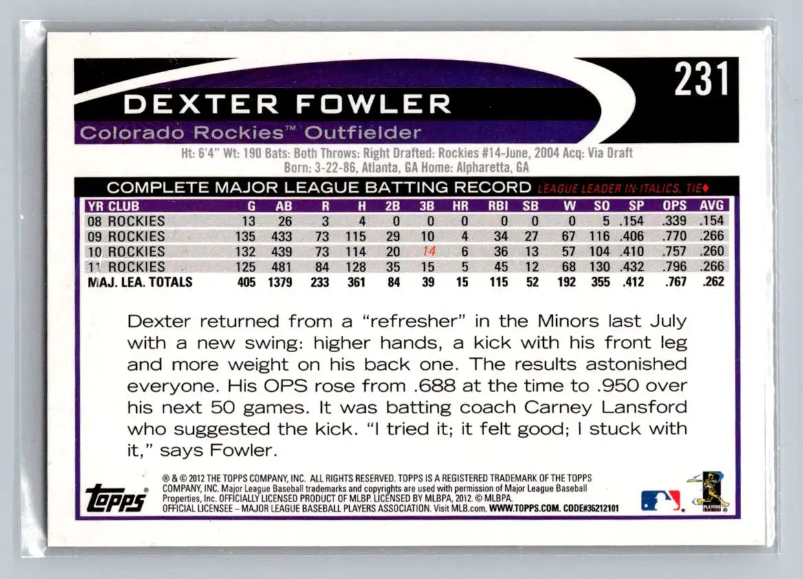 2012 Topps #231b Dexter Fowler Colorado Rockies baseball card showcasing Dexter Fowler