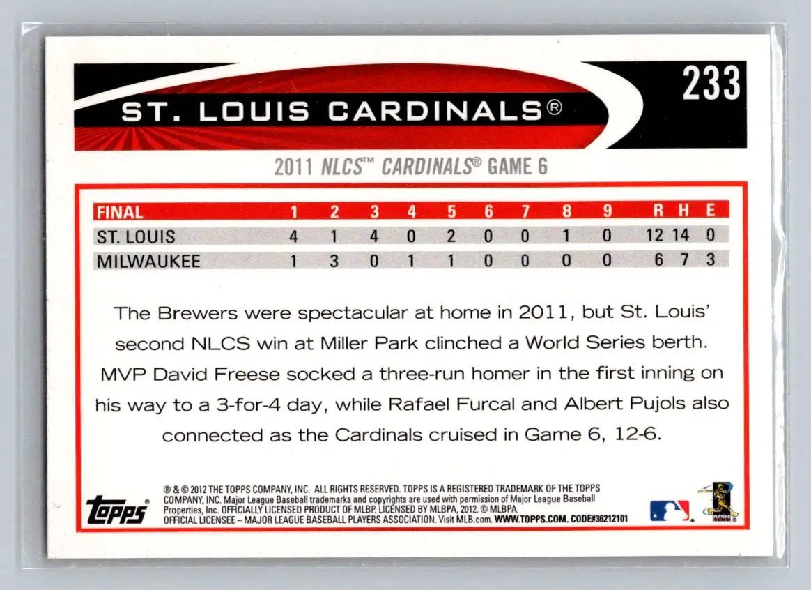 Baseball card back featuring 2012 Topps #233 Louis Cardinals St. Louis Cardinals
