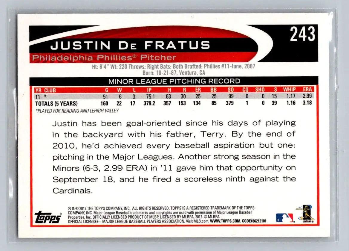 Justin De Fratus 243a Phillies rookie baseball card from 2012 Topps series