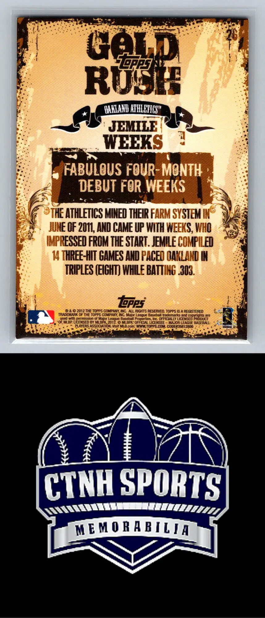 Baseball card featuring Jemile Weeks Gold Rush Wrapper Redemption logo for Oakland Athletics