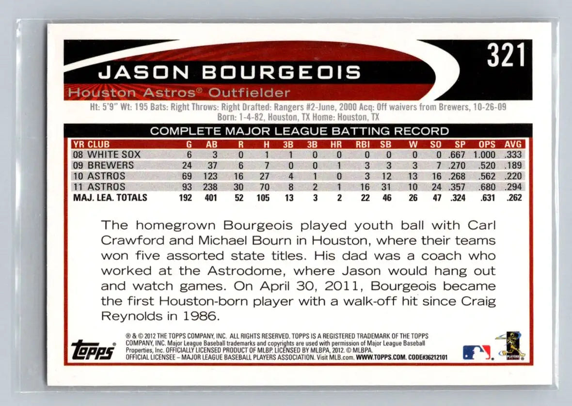 2012 Topps Jason Bourgeois baseball card featuring Houston Astros player 321A Jason Bourgeois