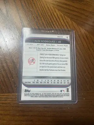 Baseball trading card featuring Alex Rodriguez in a clear holder, 2012 Topps Finest Xfractor