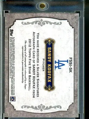 Sandy Koufax autograph baseball card from Topps Five Star 2012 featuring five star design
