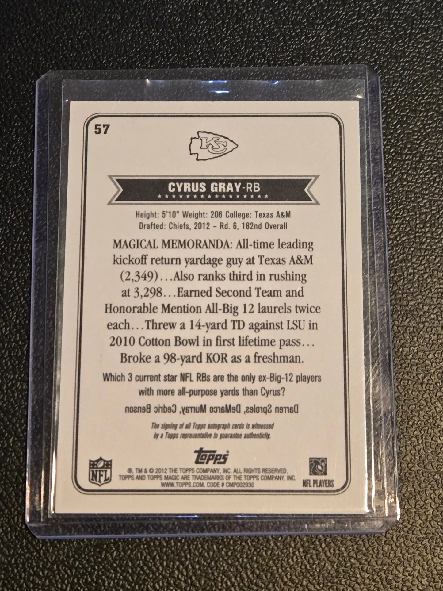 Cyrus Gray football card featuring Cyrus Gray autographs from 2012 Topps Magic
