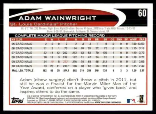 2012 Topps Opening Day #60 Adam Wainwright baseball card in original gloss condition