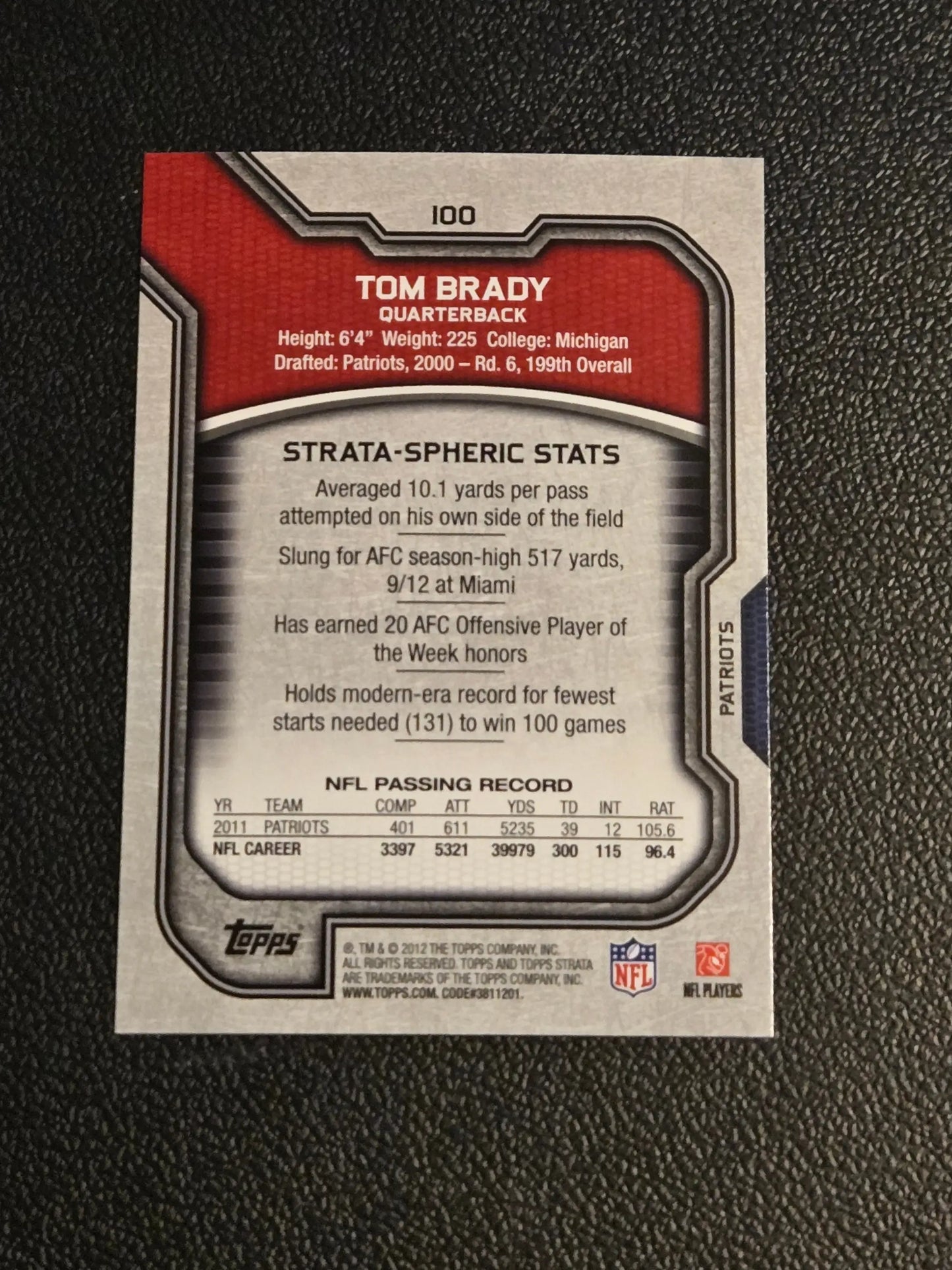 Football trading card featuring Tom Brady with player statistics from Topps Strata 2012
