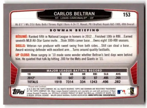 2013 Bowman #153 Carlos Beltran baseball card with original gloss, Cardinals edition