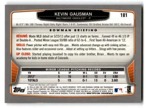 Baseball card back showing original gloss for 2013 Bowman Chrome Kevin Gausman NM Near Mint RC Rookie Orioles