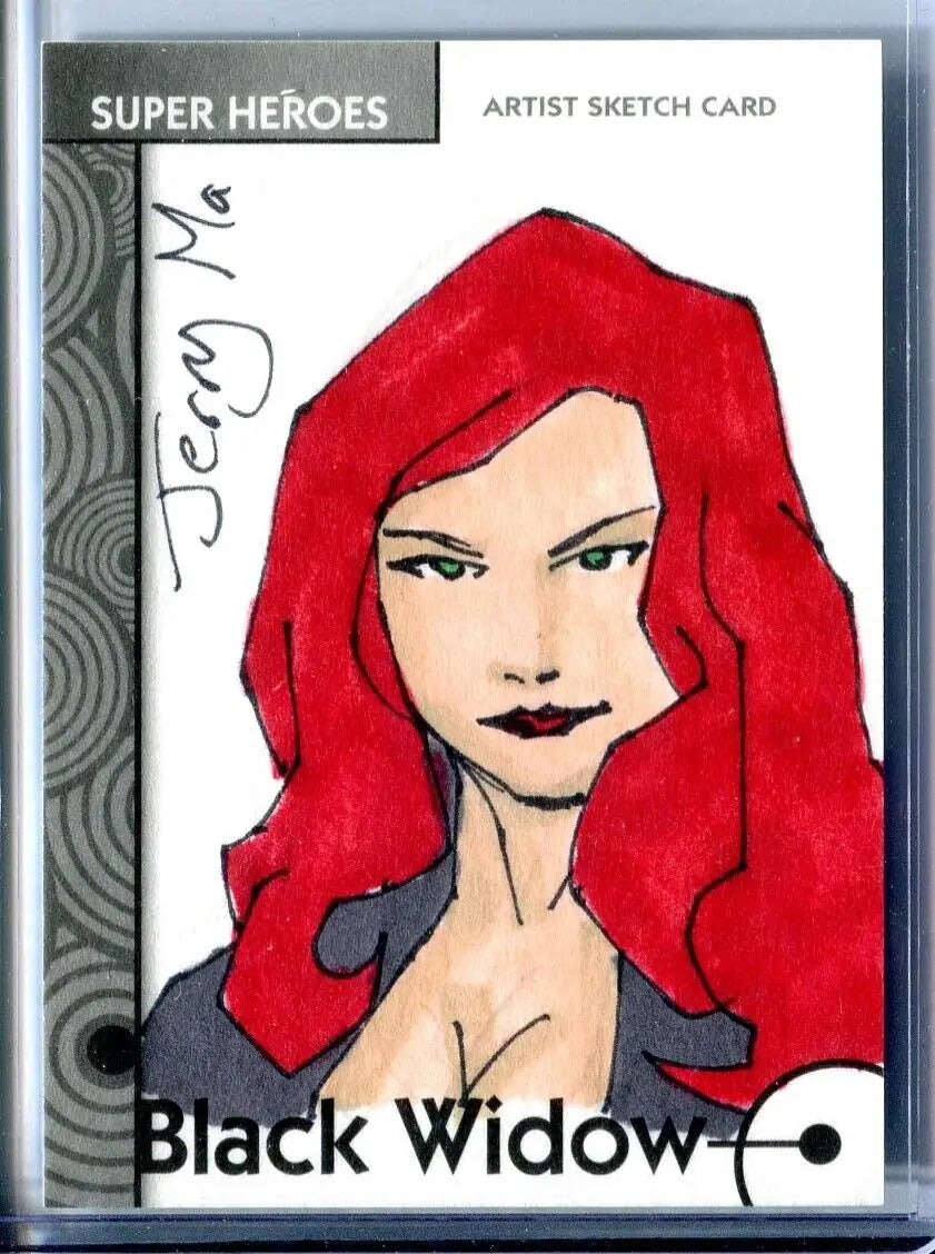 Black Widow sketch card from 2013 Marvel Fleer Retro by artist Jerry Ma featuring Scarlett Johansson