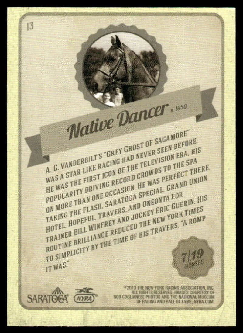 Vintage Native Dancer horse racing card from Nyra Saratoga History of the Game series