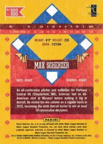 Max Scherzer NMMT baseball card back from 2013 Panini Hometown Heroes original gloss