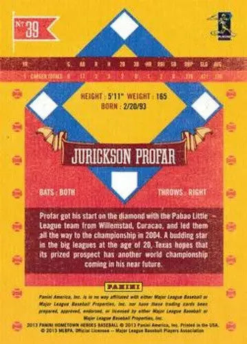 2013 Panini Hometown Heroes baseball card back with original gloss for Jurickson Profar Rangers