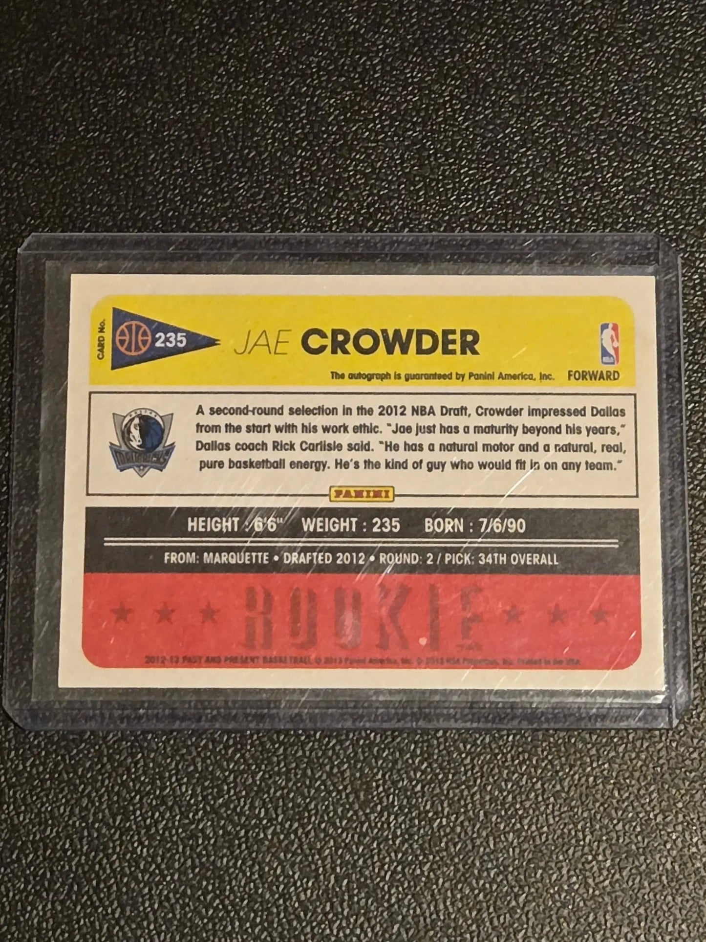 Jae Crowder rookie basketball card with present basketball autograph from Panini Past and Present series