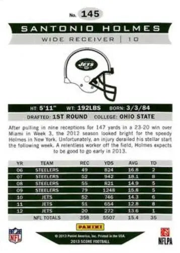 Football card back of 2013 Panini Score #145 Santonio Holmes with original gloss