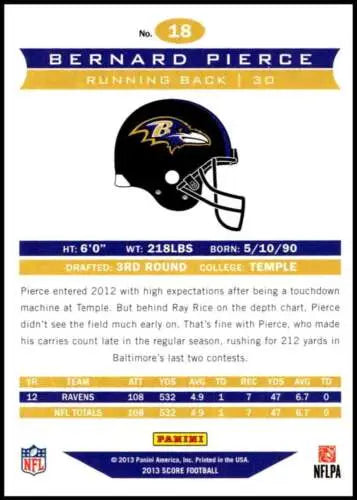 Bernard Pierce football card from 2013 Panini Score with original gloss and NM-MT condition