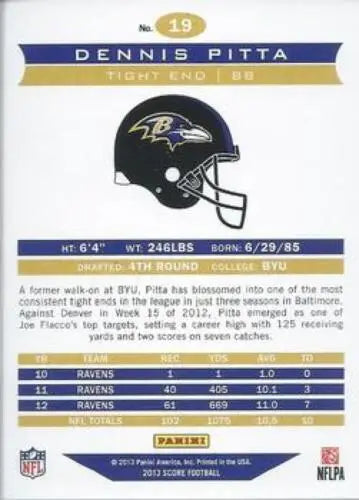 Dennis Pitta football card 2013 Panini Score original gloss NM-MT Ravens ID:4689