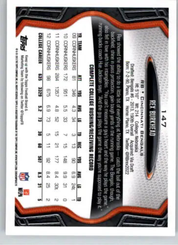 Rex Burkhead 2013 Topps #147 NM-MT RC Rookie Card with original gloss for collectors