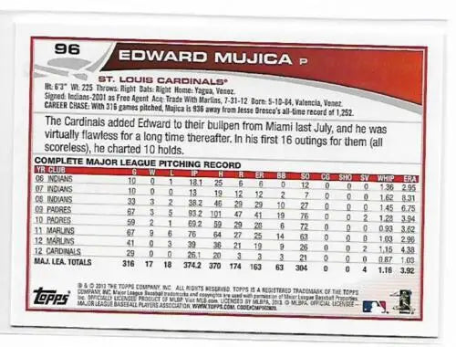 2013 Topps #96 Edward Mujica baseball card with original gloss featuring Cardinals ID:1674