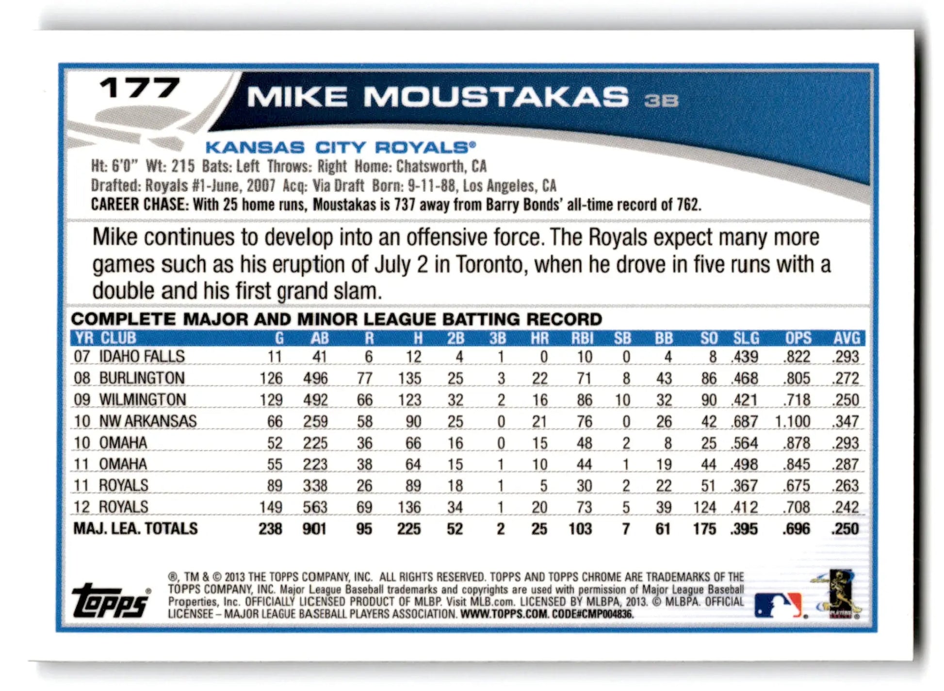 Back of 2013 Topps Baseball Chrome Mike Moustakas trading card with career stats