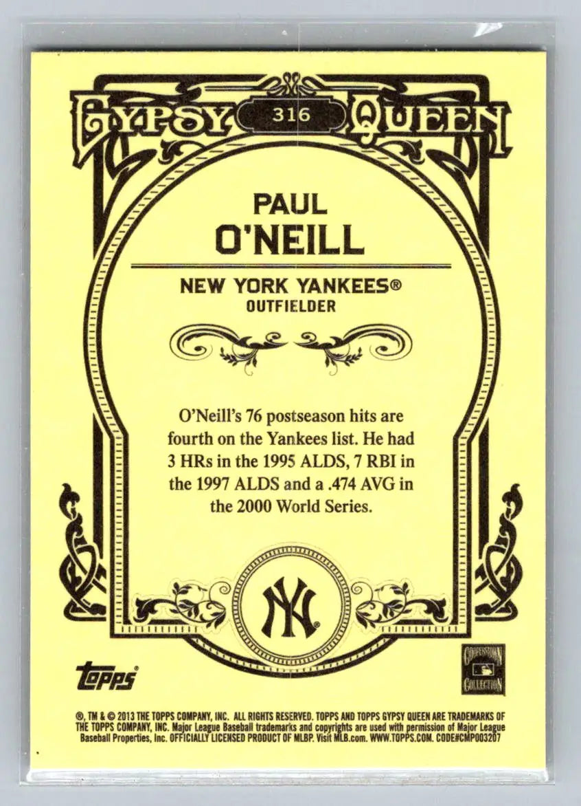 2013 Topps Gypsy Queen #316 Paul O’Neill New York Yankees baseball card for collectors